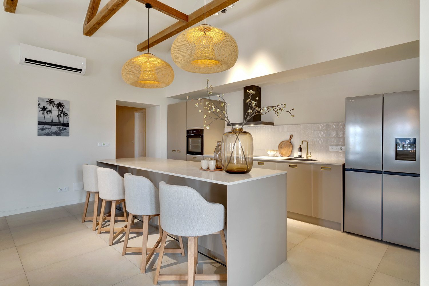 Kitchen with woven pendant lamps at Kaya Grandi 49